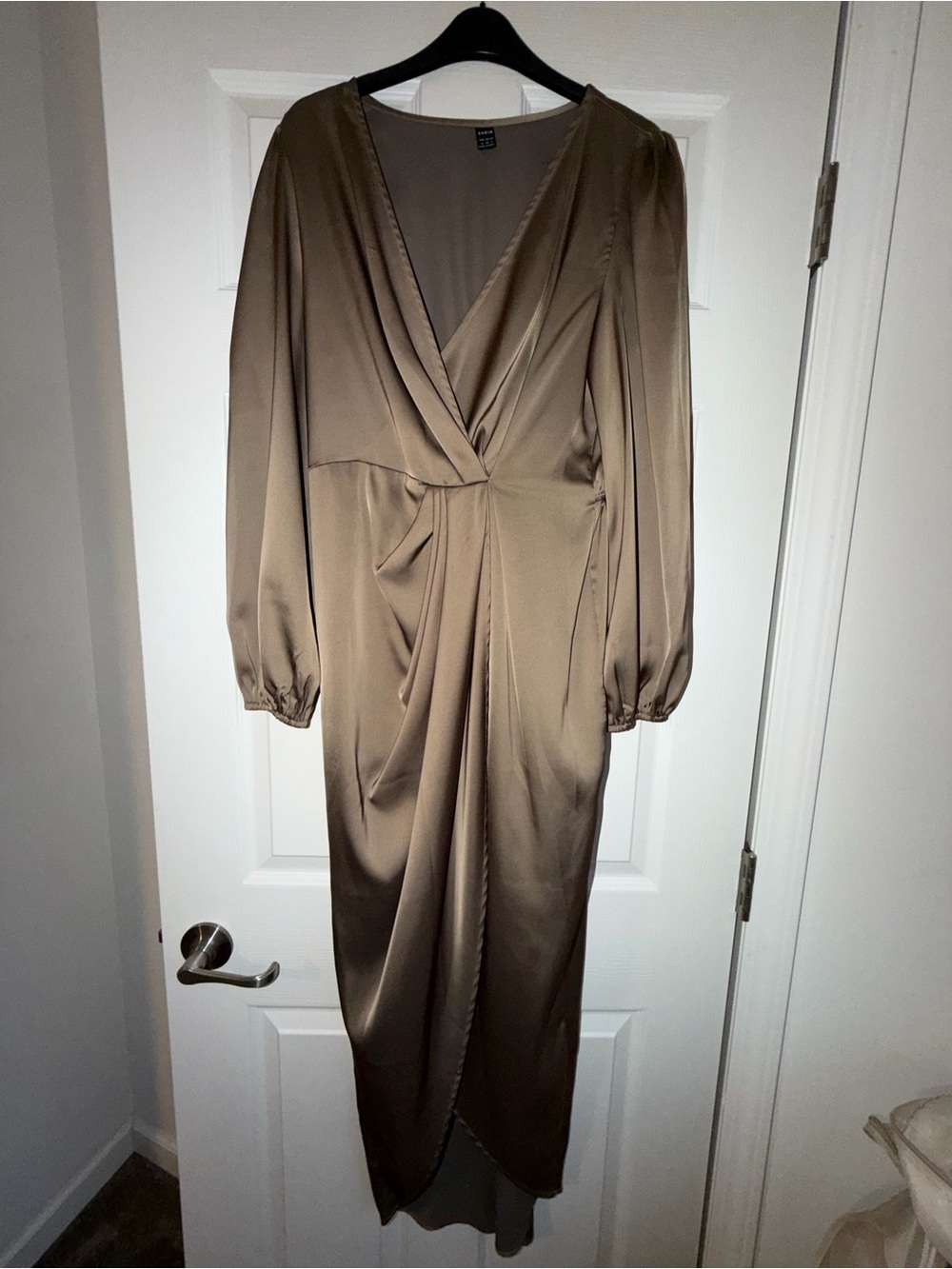 SHEIN Taupe Satin Wrap-Style Long Sleeve Dress